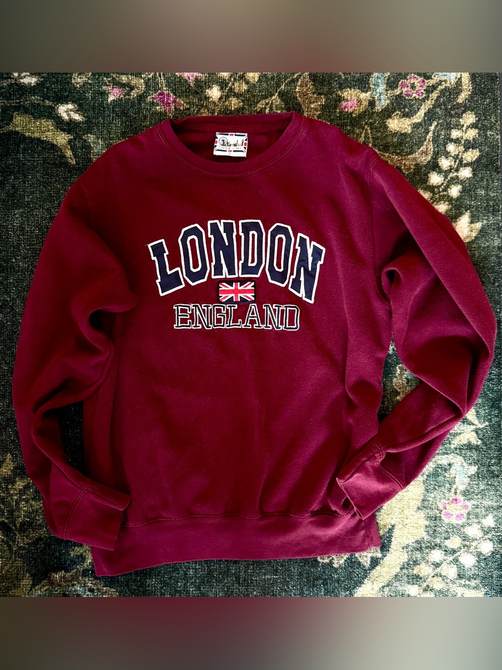 Zone One Burgundy Travel London England Embroidered Graphic Crew Sweatshirt